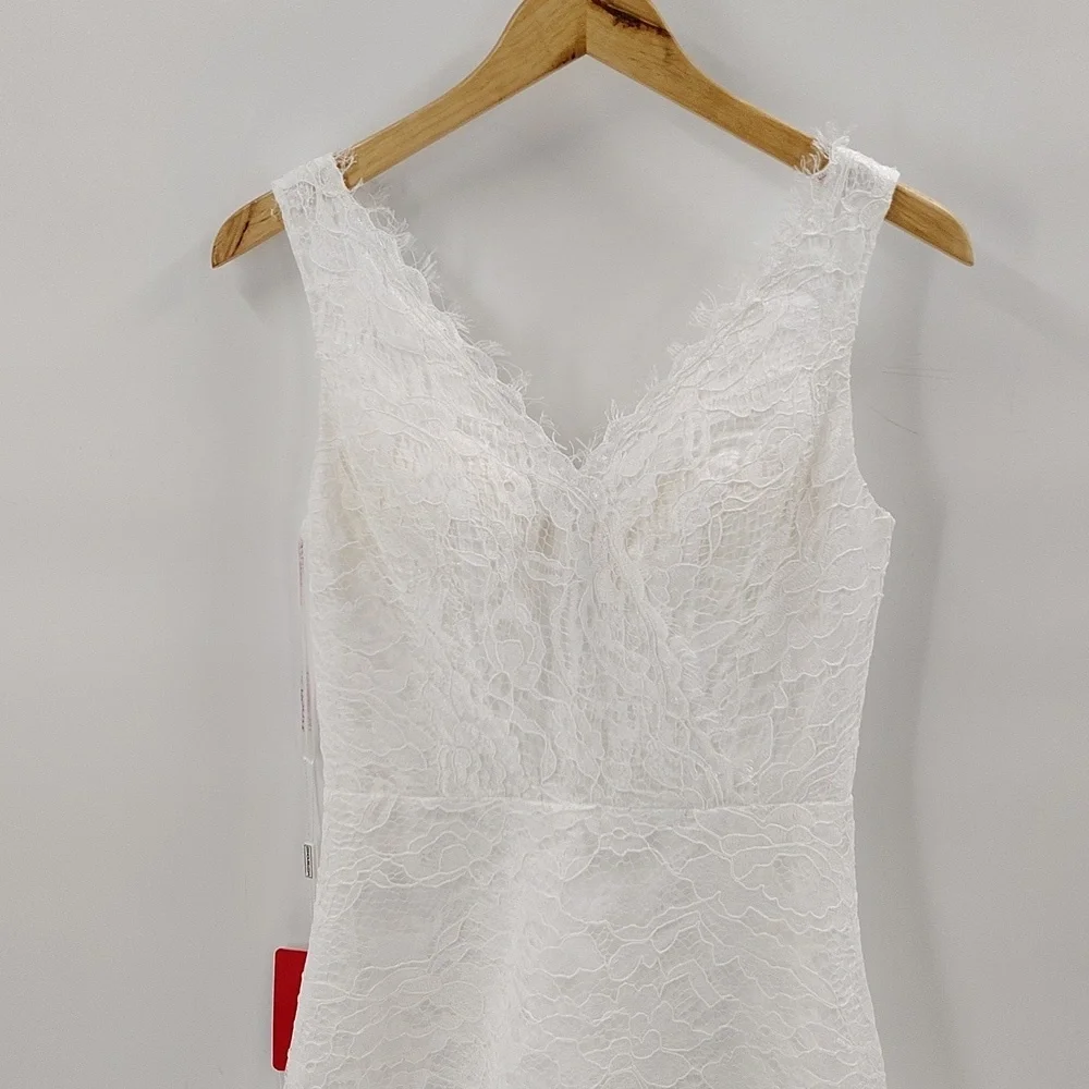 JJs House White V-neck Lace Midi Length Lace Overlay Sleeveless Wedding Dress - Picture 2 of 9